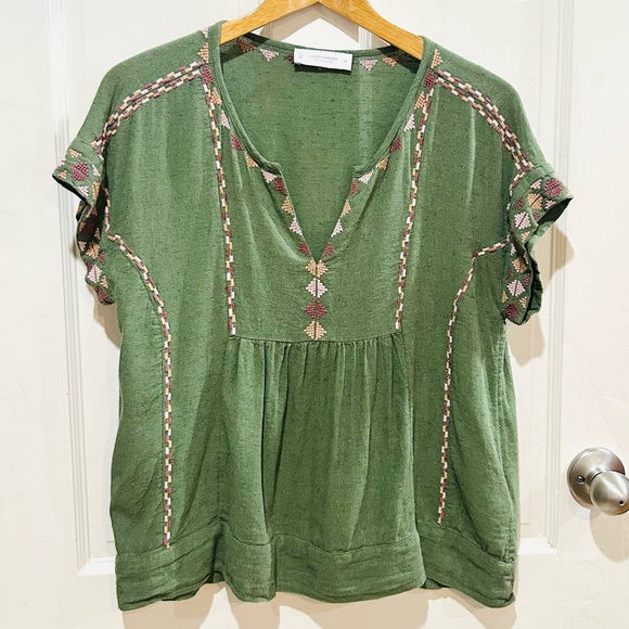 Lucky Brand Tops - LUCKY BRAND Green Boho Embroidered Top Tribal Cotton Casual Short Sleeve Size XS